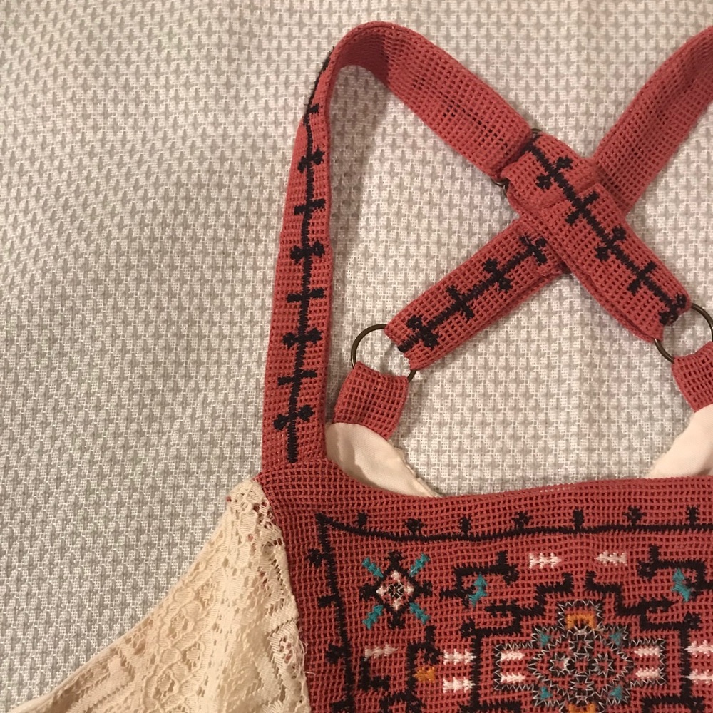 Cream and Red-Orange Embroidered Detail Top